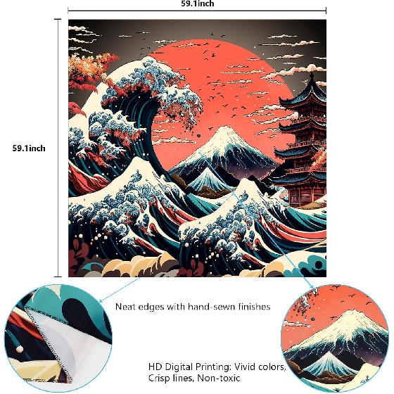AtawLege The Great Wave Wall Art - Japanese Ocean Sea Wave Tapestry Vintage Asian Anime Aesthetic Kanagawa Sunset Wall Hanging for Room (59.1 x 59.1