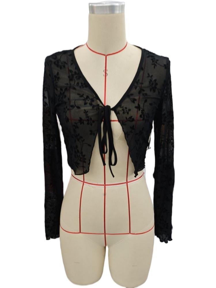 Spring Elegant Women's Transparent Mesh Flocking Front Tie Long Sleeve Top Versatile Closet Essential Fashion Items Shirt