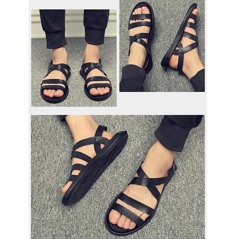 Summer Beach Sandals Mens Shoes Casual Soft Leather Men Sandals Flat Holiday Beach Sandals Male Black White Shoes N039