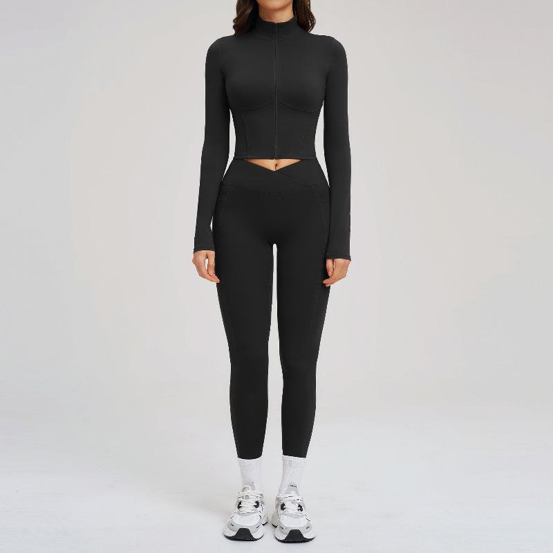 Nude yoga set, zipper tight fitness suit, outdoor running sports set for women