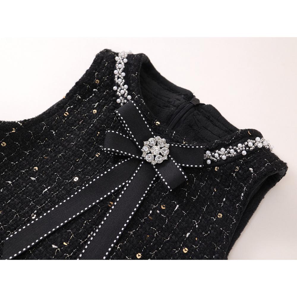Girls' Tweed Little Sleeveless Vest Dress Autumn Winter New Baby Black Light Luxury Rhinestone Dress