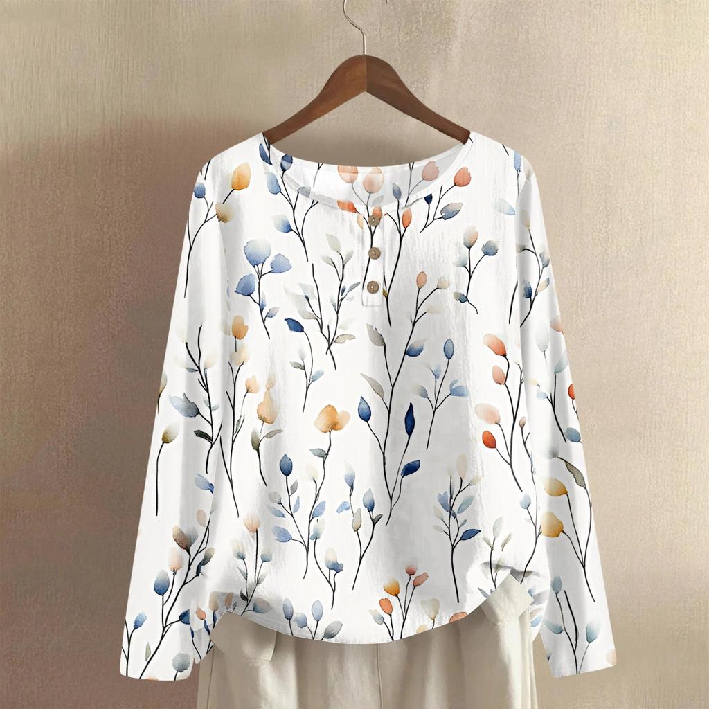 Women's Fashionable And Casual Shirt Long Sleeve Round Neck Solid-color Cotton And Linen Blouse Top