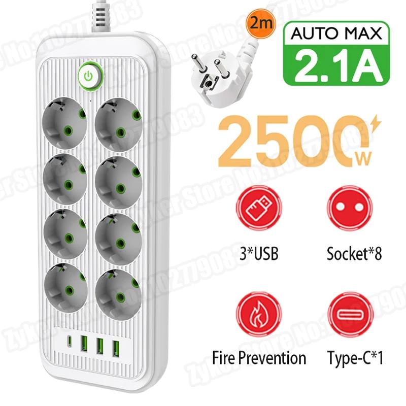 F14U F20U EU Plug Power Strip 2M Extension Cable 4/8 AC Outlets Electrical Socket With USB Type C Network Filter Fast Charging