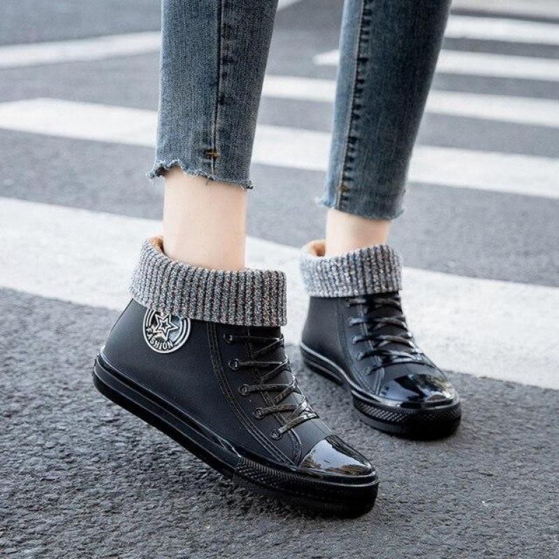 Nepromokavé PVC plátěné boty Ženy Platforma Kotníkové boty do deště Móda Outdoor Boty do deště Dámské Protiskluzové Plus bavlněné silikonové boty