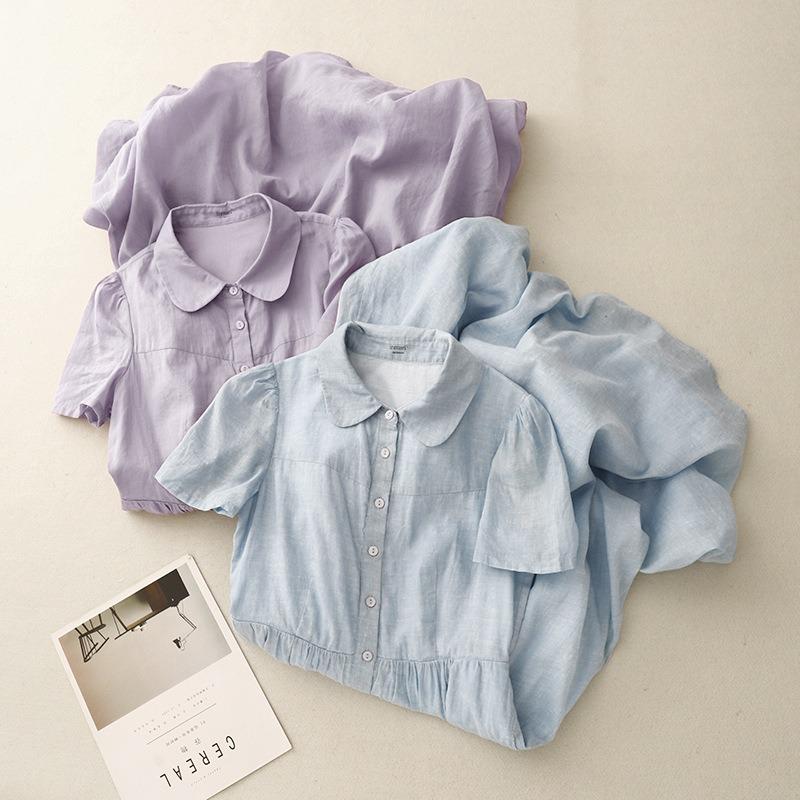Real shot summer new cotton and linen literary loose casual large size doll collar dress women's clothing