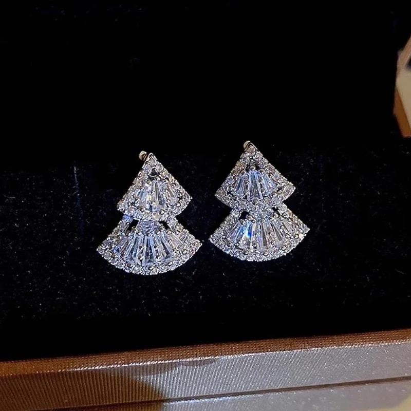 Luxury Double Scalloped Shaped Drop Earrings for Women Fashion Sparkling Cubic Zirconia Accessories Chic Wedding Jewelry