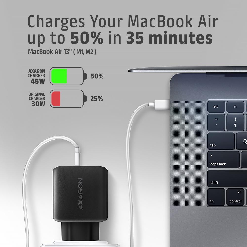 AXAGON GaN Wallcharger 2x Port (USB-A + USB-C), PD3.0/PPS/QC4+/SFC2.0/AFC/SCP/FCP/Apple, 45W | ACU-PQ45