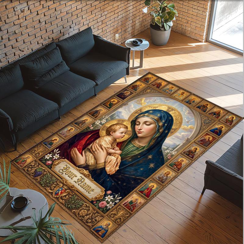Virgin Mary Theme Crystal Velvet Rug Personalized Custom Name Text Soft Floor Mat Home Decor