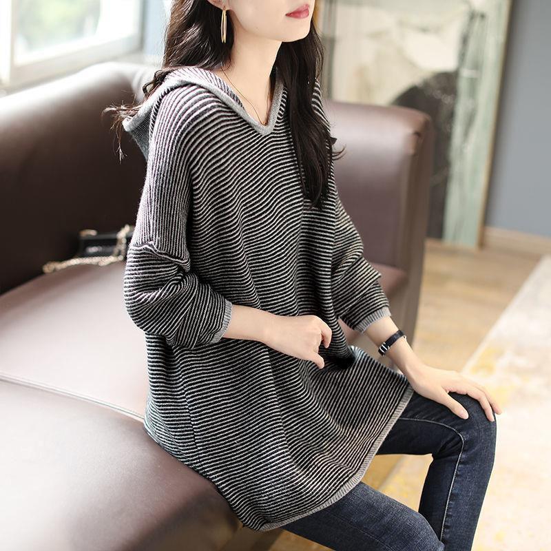 Plus Size Sweater Thickened Hooded Female Autumn Loose Striped Knit Sweater Warm Knit Sweater Tops