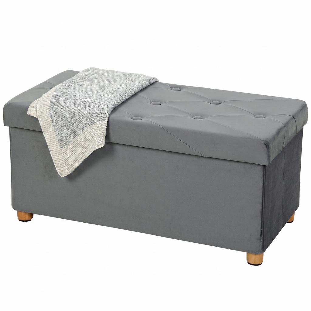 Velvet Upholstered Foldable Ottoman Footrest, Storage Ottoman Bench with Wood Legs for Living Room, Grey