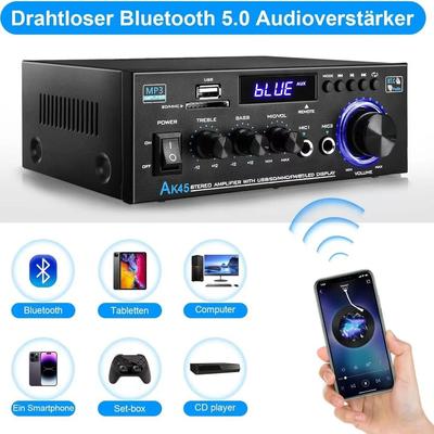 AK45 2-Kanal Bluetooth Stereo-Verstärker mit USB SD AUX FM-Eingang LCD-Display Mikrofon-Eingang Fernbedienung