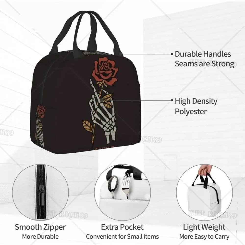 Skeleton Hand Holding Rose Lunch Bag for Women Men Valentine's Day Insulated Lunch Box with Pocket Zippers for Adult Work