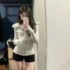 Vintage Cropped Hoodies Frauen Koreanischen Stil Streetwear Grau Zip Up Kapuzen Sweatshirt Casual Slim Hood Shirt