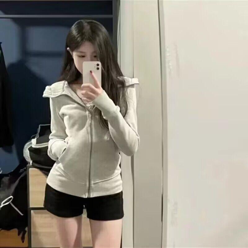 Vintage Cropped Hoodies Women Korean Style Streetwear Grey Zip Up Hooded Sweatshirt Casual Slim Hood Shirt