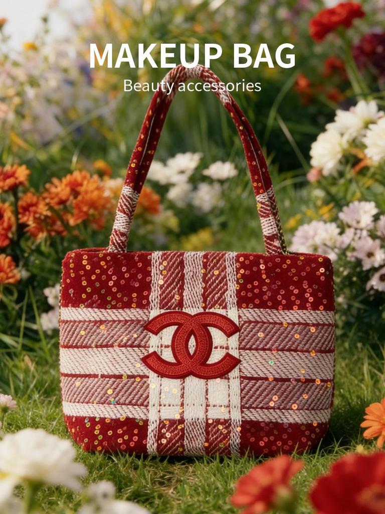 Red Plaid Sequin CC Logo Tote Bag, Daily Handheld Cosmetic Bag, Luxury Brand Beauty Accessory
