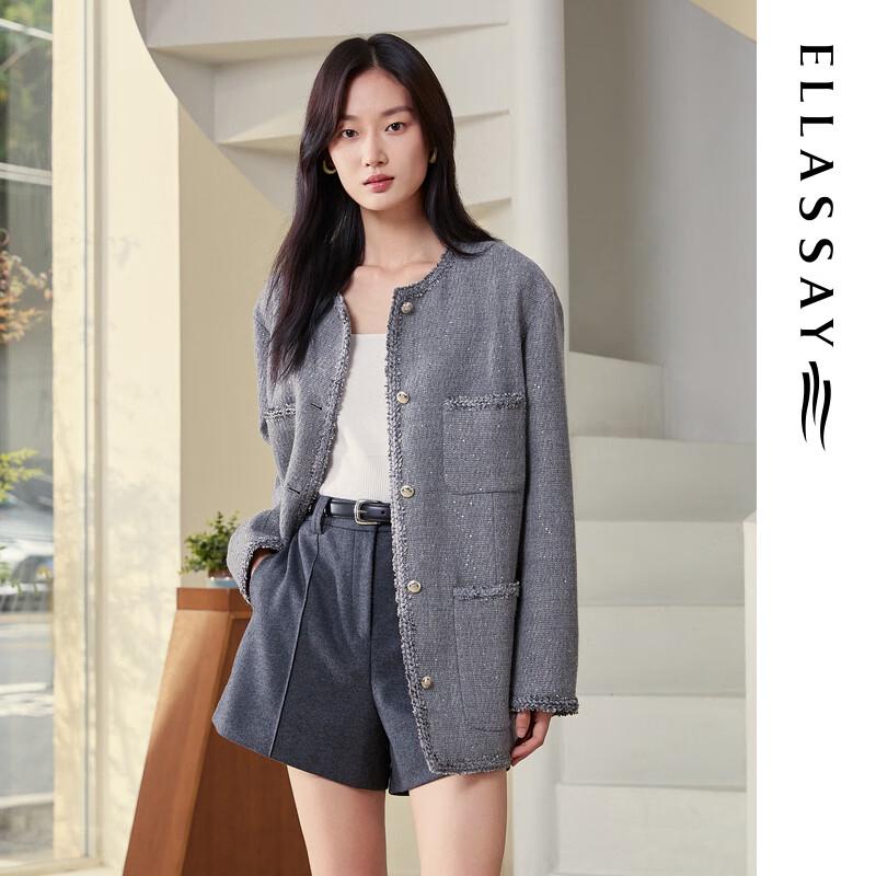 ELLASSAY 2025 Autumn French Style Lamb Wool Tweed Round Neck Coat