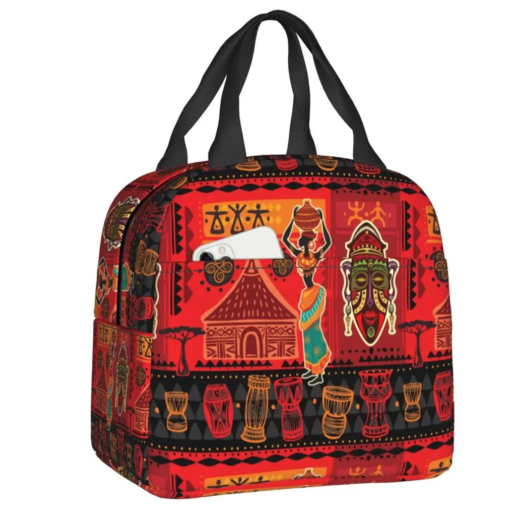 African Elements Pattern Insulated Lunch Tote Bag for Women Africa Ethnic Culture Cooler Thermal Bento Box Work School Travel