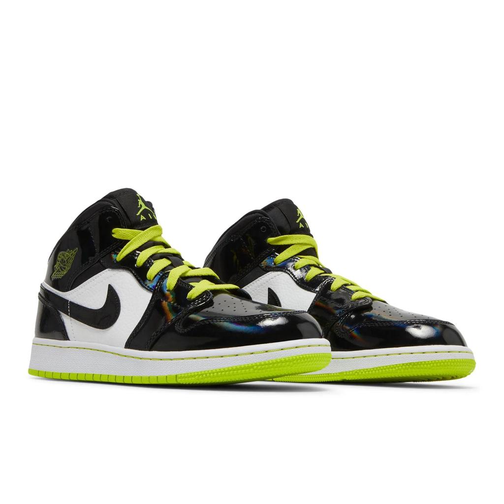 Air Jordan 1 Mid SE Grade School 'Black Cyber' (Unisex) Black / Cyber-White-Mystic Green Kids' Basketball Shoes BQ6931 003