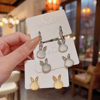 925 Silver Needle Cat's Eye Stone Bunny Earrings - Trendy Light Luxury Design