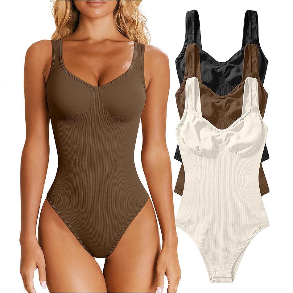 European And American New Women'S Onesie Sexy Pit Ribbed V-Neck Sleeveless Vest Onesie White