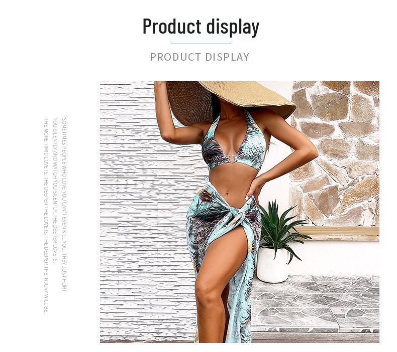 2024 Hot Girl Print Three-Piece Bikini Set with Yarn Skirt - Sexy Backless Design
