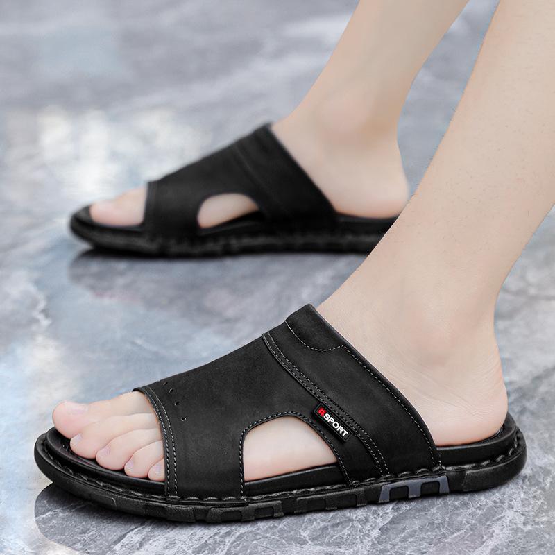 Fashion Luxury Men's Leather Slippers 2025 Summer New Beach Slippers Fashion Outdoor Casual Flat Slippers for Men Large-size Beach Shoes