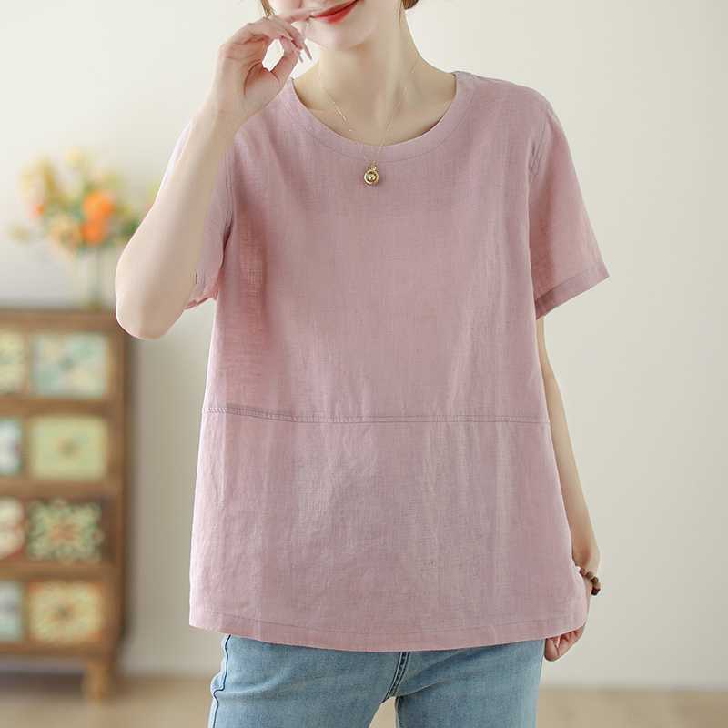 Sommer Neu Kurzärmeliges Baumwollleinen Künstlerisch Schlicht Locker Lässig Vielseitig Rundhals Kurzarmshirt