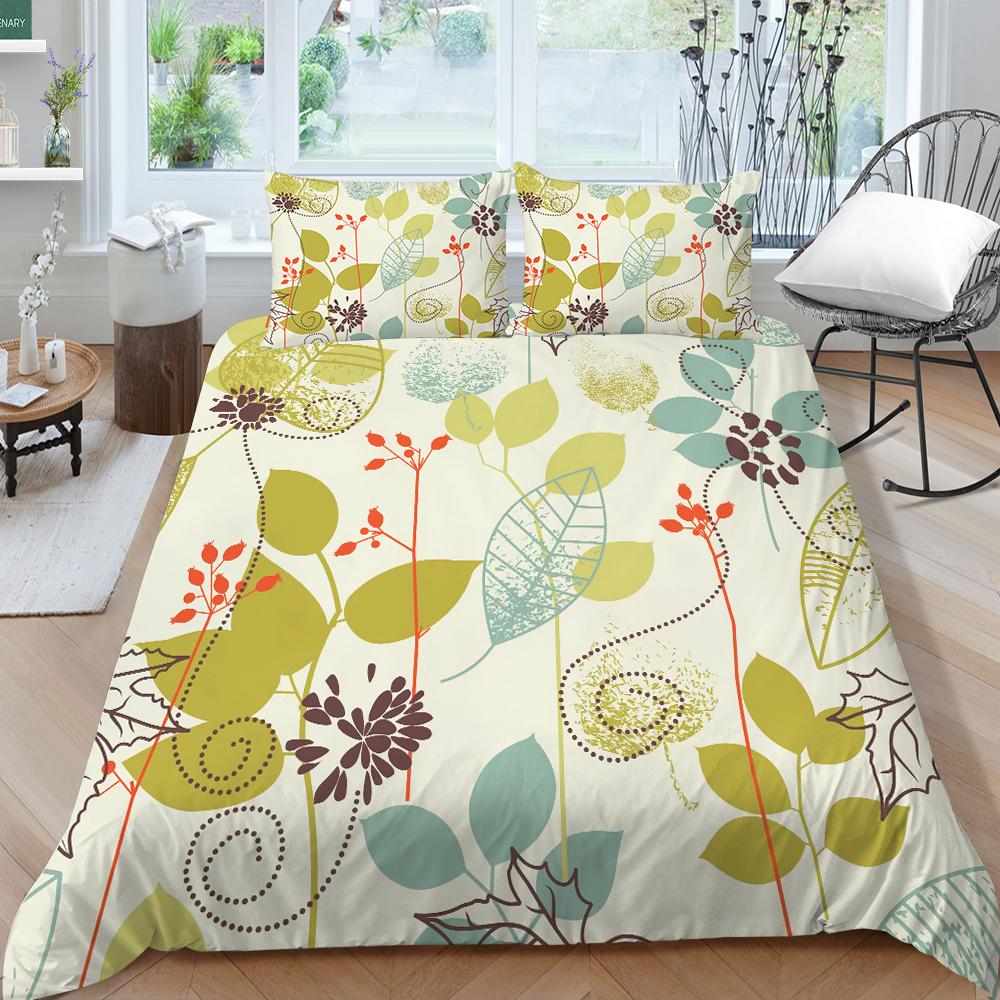 Familiesengetøy Enkelt Dobbeltseng Full Størrelse Plantetrykkserie Sengetøy Bladmønster Putetrekk og Dynetrekk Vaskbart Hjemmedekorasjon