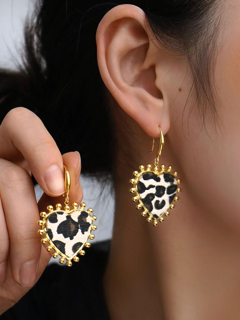 Acier Inoxydable Plaqué Or 18K Amour Crin de Cheval Imprimé Léopard Pendentif Boucles d'Oreilles Puces Style Métallique Élégantes Zircon Cadeaux