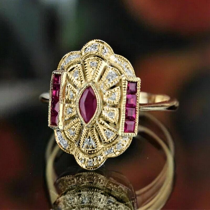 Huitan Gorgeous Red CZ Gold Color Rings for Women Vintage Style Luxury Lady Accessories Party Anniversary Gift Noble Zircon