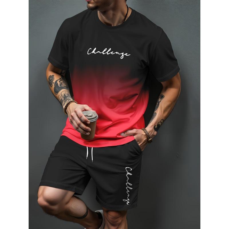 Heren Zomer Casual T-shirt en Korte Broek Set Verloop Letterpatroon Sportieve Tweedelige Set Stedelijke Mode Casual Trend Set