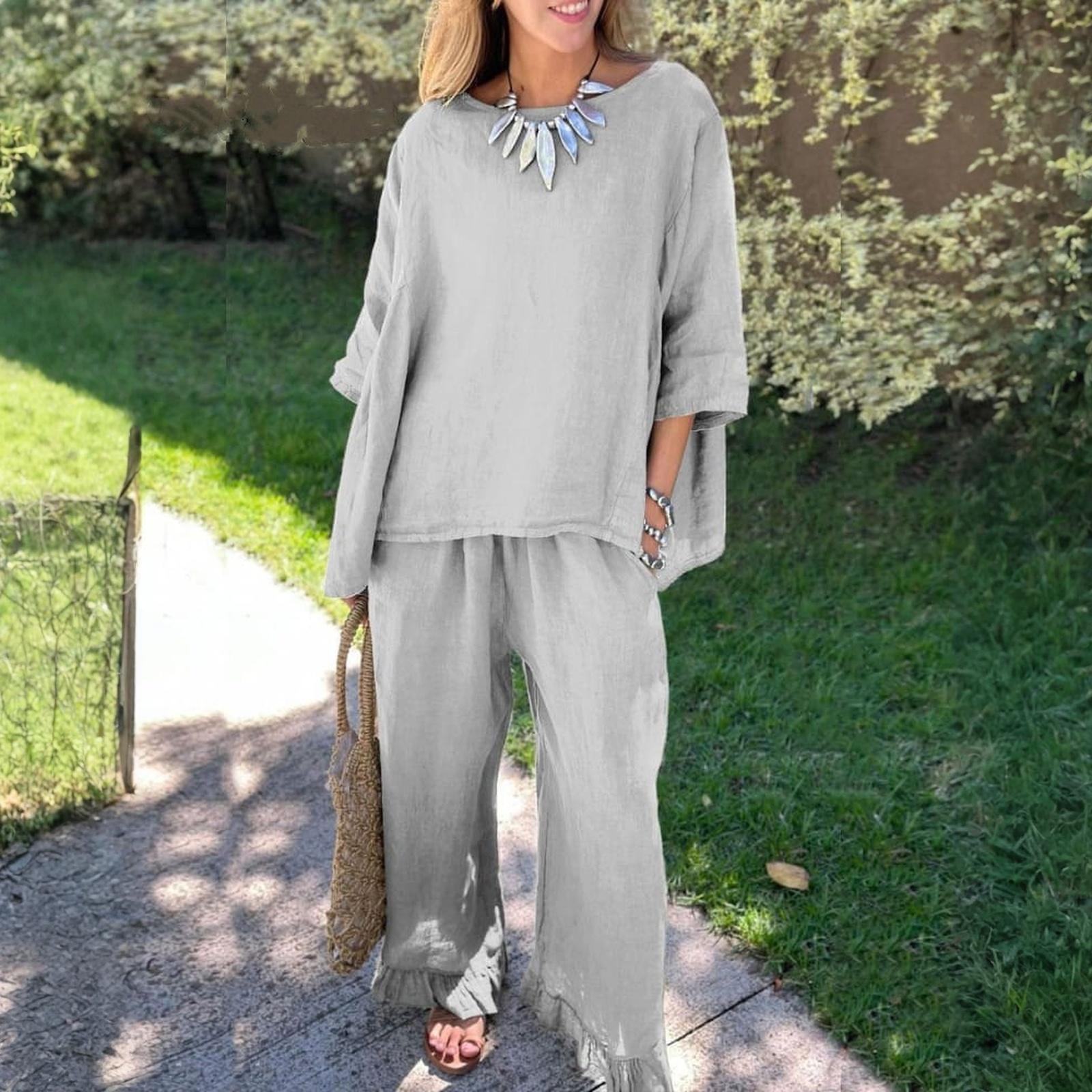 

Women s Loose Comfortable Casual Fashionable Cotton And Linen Solid Color Elbow Sleeved Top And Pants Two-piece Set XL