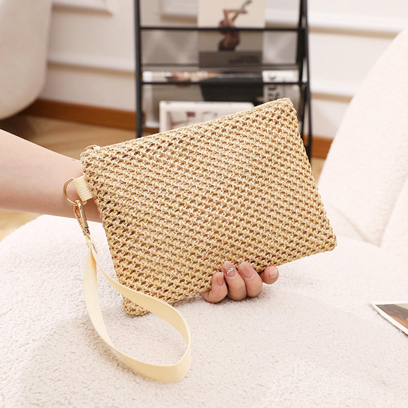 Fashion Straw Woven Bag For Women Hollow Out Beach Handbag With Wrist Strap Portable Phone Purse Solid Color Simple Cash Bag Summer Accessory