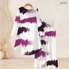 Women Plus Size Round Neck Long Sleeve Green Printed High Low Top Wide Leg Pants Two Piece Set