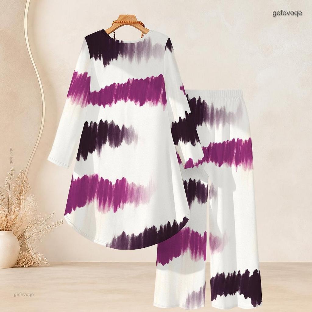 Women Plus Size Round Neck Long Sleeve Green Printed High Low Top Wide Leg Pants Two Piece Set
