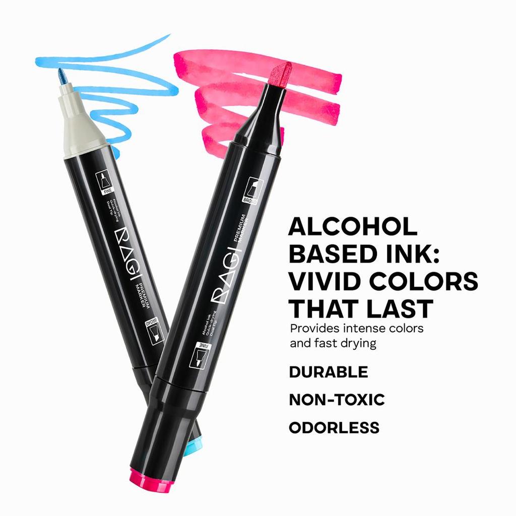 RAGI Pennarelli ad Alcool 80 Pennarelli fronte/retro, Doppia Punta, Set da Disegno Artistico Professionale
