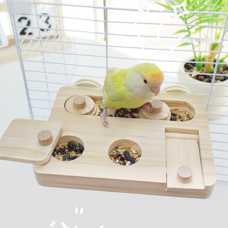 Wooden Bird Foraging Toy with Enrichment Puzzle for Training & Chewing Natural Wood Stand Platform Feeder Cage Decors