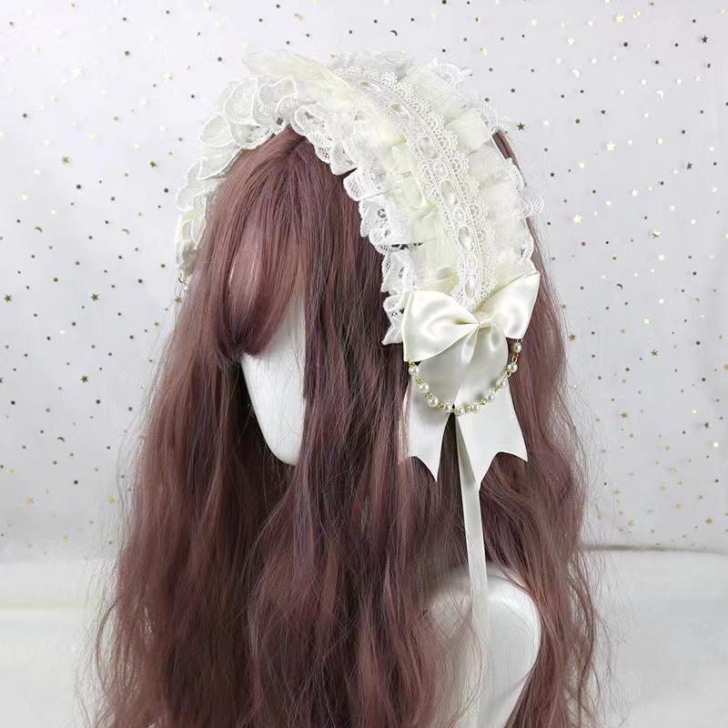 Ruffled Lace Headpiece Headband Weet Lolita Bowknot Maid Headdress Women Girls Japanese Style Crisscross Ribbon Pearls Beaded
