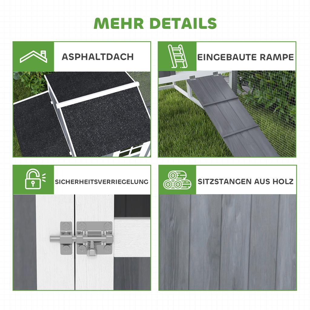Pollaio con Recinto per 3-4 Galline, Nido a 3 Scomparti, Superficie 1,9 m², Legno di Abete, Grigio