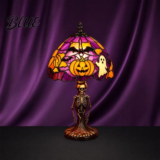 USB Plug-in Night Lamp Halloween Light Powered Stained Glass Lamp Retro Gothic Glowing Bookshelf Lighting with Warm Amber Purple Tabletop Decor for