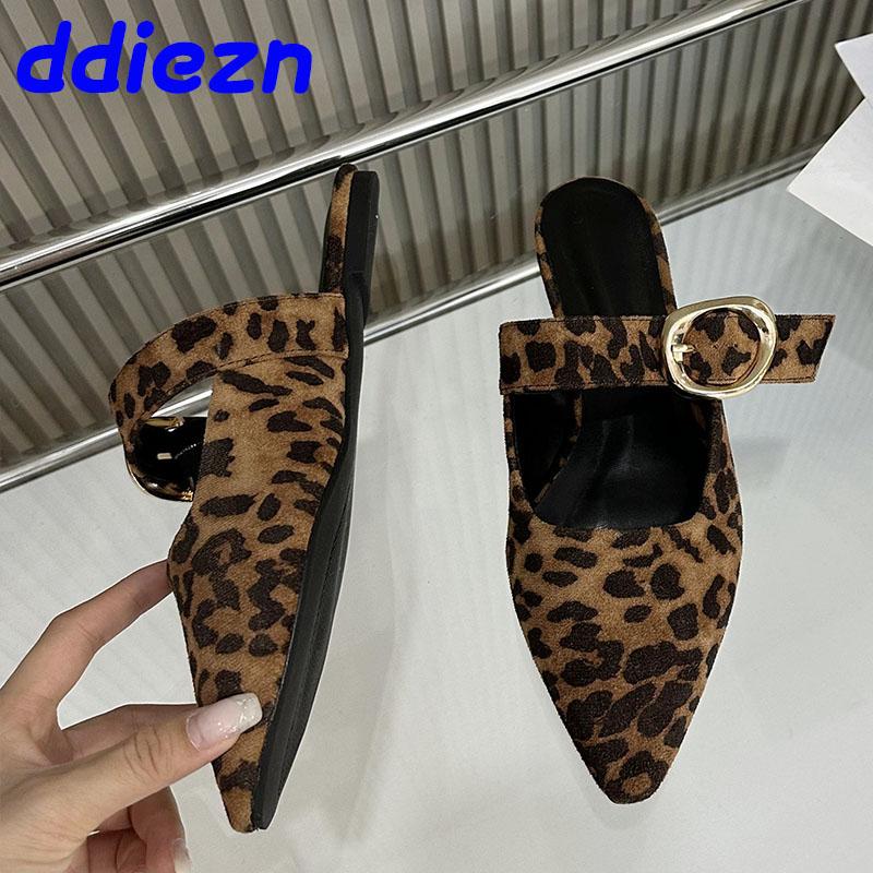 Mode Damen Metall Schnalle Schuhe Ballerinas Pantoletten Damen Hausschuhe Mules Schuhe Mode Leopardenmuster Damen Ballerinas Hausschuhe Große Größe 43