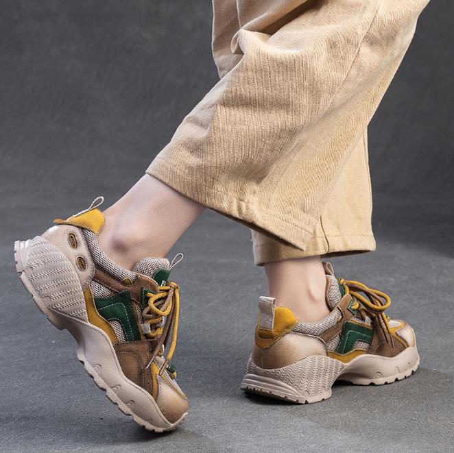 Fashion 4cm Air Mesh Genuine Leather Comfy Summer Hollow Ankle Boots Mixed Color Chunky Sneaker Women Vulcanize Fashion Shoes