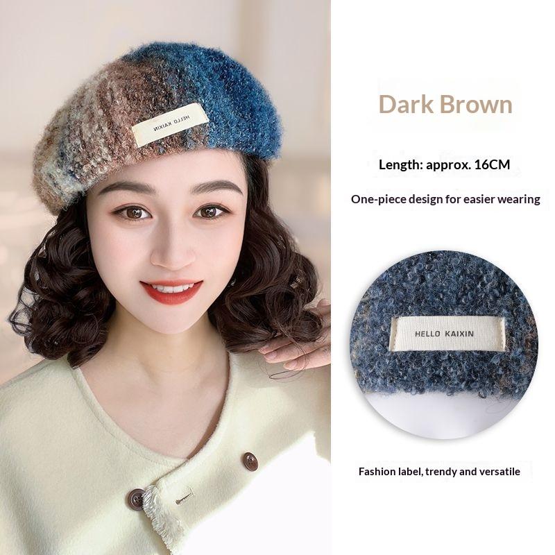 Women's Hat Fall and Winternew Arrival Oil Painting Style Beret Wig Hat Lazy Elegant Pear Flower Curly Full Head Wig Hat