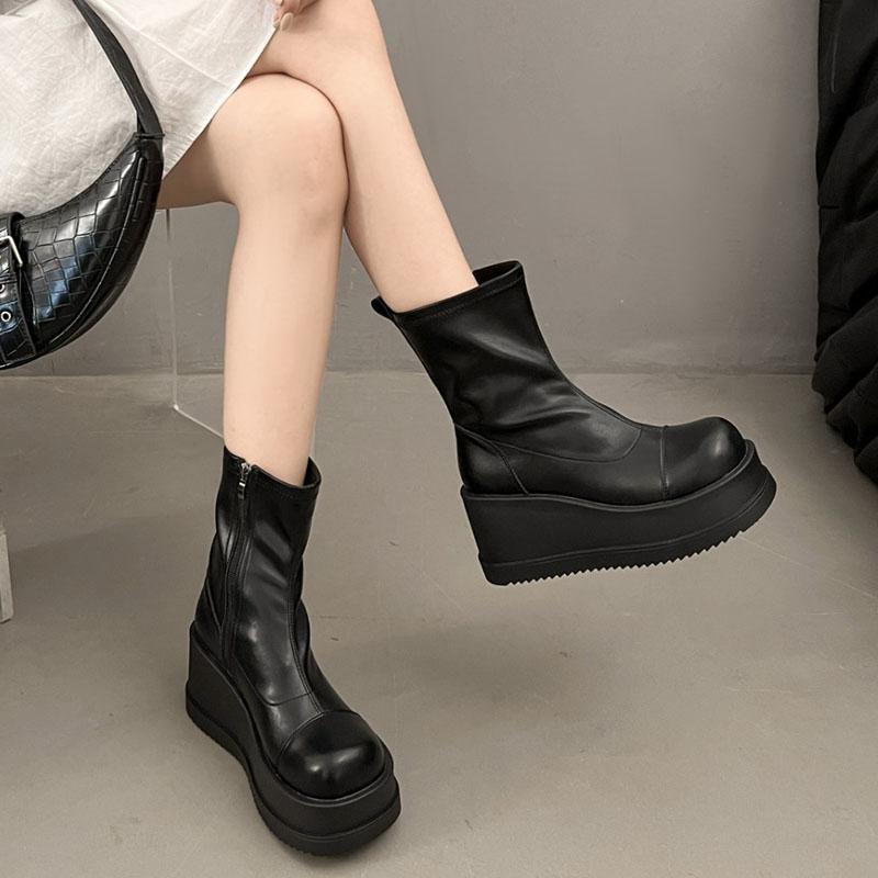 Fashion British Style Thick Bottom Round Head Ankle Boots for Women Female Autumn Thick Bottom Gothic High Heels Women's Short Boots