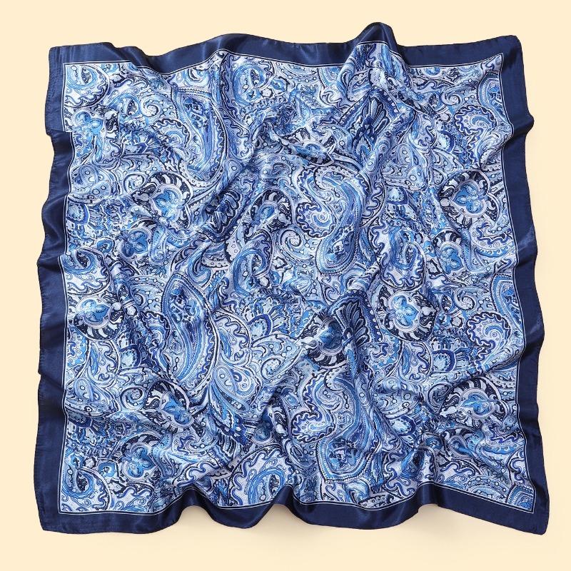 90Cm Blue Cashew Print Headscarf For Women Spring And Summer New Style Emulated Silk Cashew Scarf Satin Color Shawl Scarf