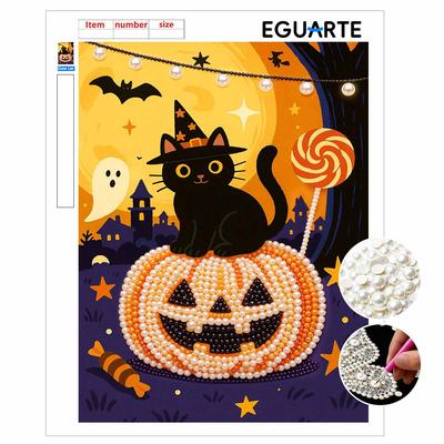 Halloween Pearl Painting Set Black Cat Pumpkin 5D DIY Pearl Art Home Bedroom Wall Decor Handmade Gift Craft Projects Wall Art Decor