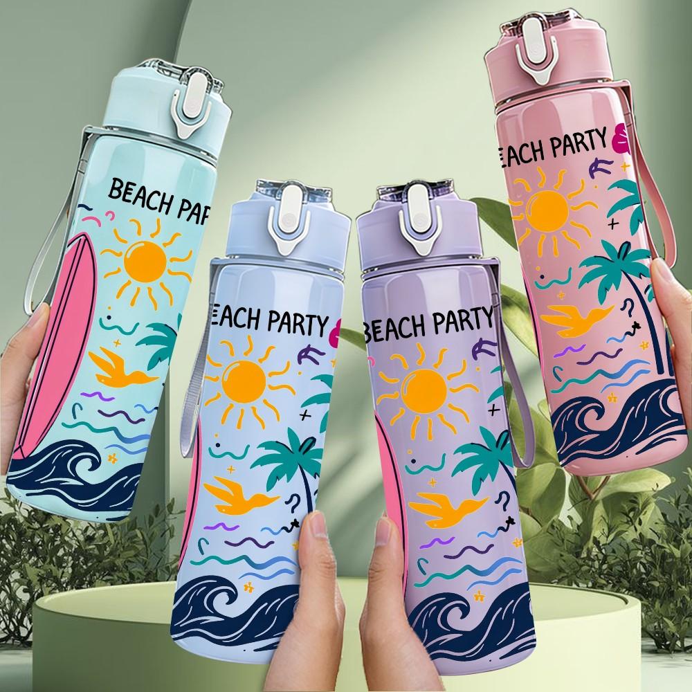 1PC Beach Surfboard Palm Tree 750ml Color Plastic Sports Water Bottle Leakproof Flip Straw Lid Suitable for Sports Office Home Use