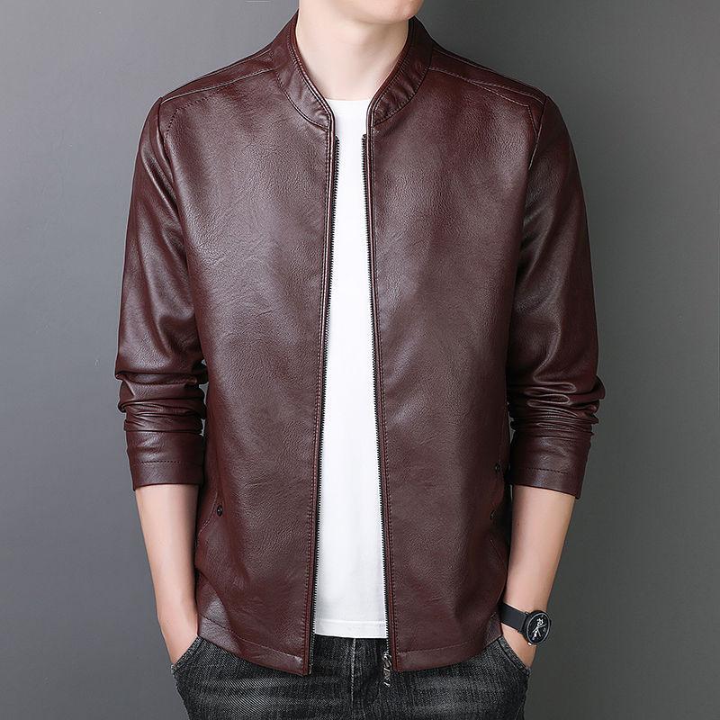 

Мужская кожаная мотоциклетная куртка - корейский стиль, воротник-стойка, повседневная верхняя одежда на осень/зиму. 2XL 130-145 lbs