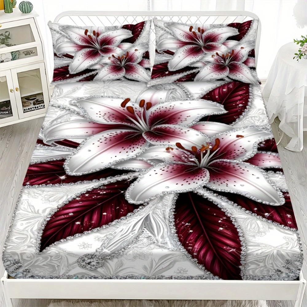 1pc Grey Fitted Sheet Red Rose Flowers Butterfly Print 100% Polyester Cover Breathable Bedding Set Home Decor Without Pillowcase