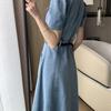 High-End Blue Retro Denim Summer Dress for Women 2026: Slimming Waist-Cinched, Temperament Fashion, Long Commute Style